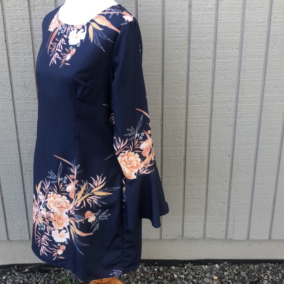 Yoins Mid Thigh Floral Navy Blue Dress w/LongSleeves w/Flared ends Fits like M/L - Picture 9 of 10